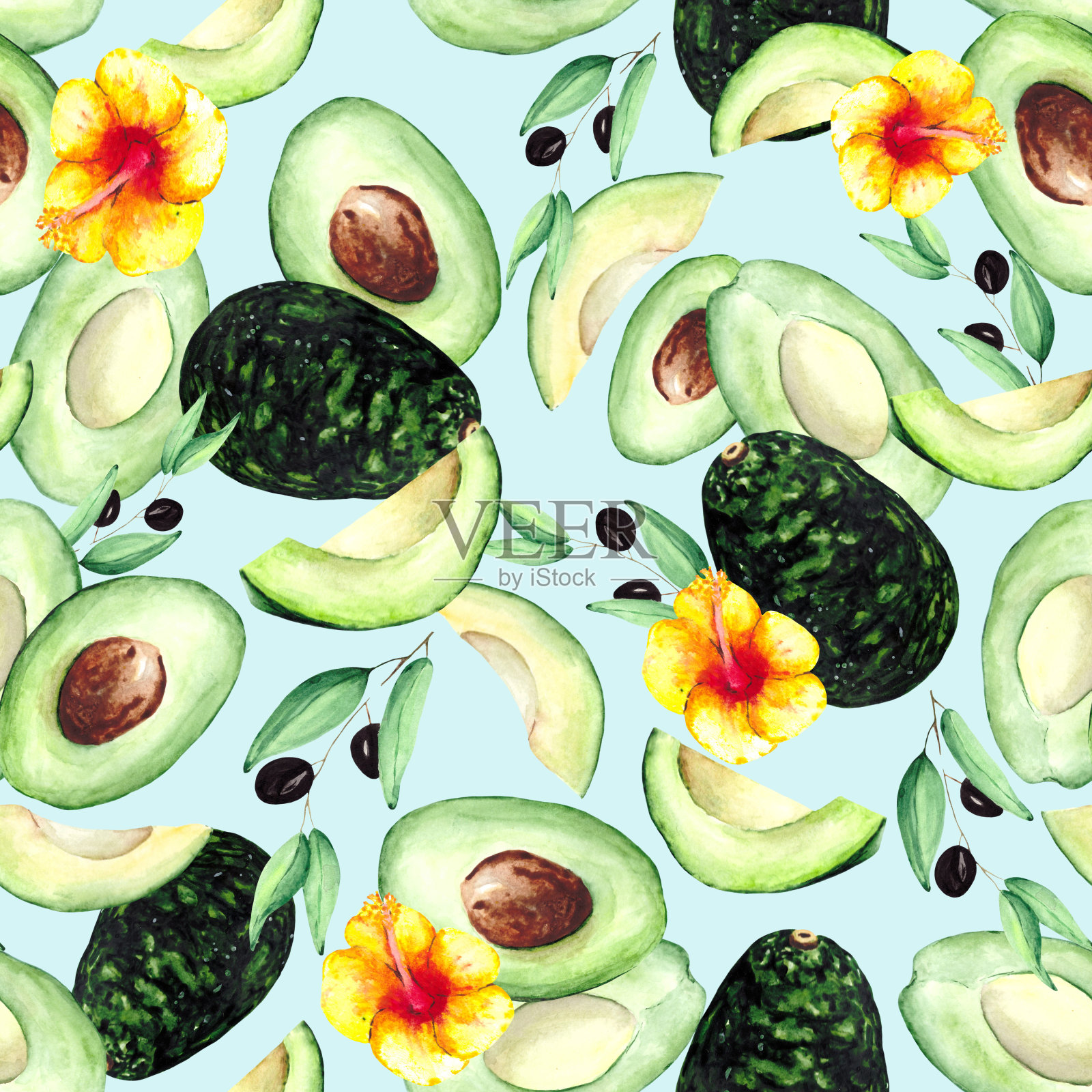 多汁的鳄梨果实，绿色的橄榄枝和黄色的热带花朵无缝图案。水彩插图纺织品，墙纸和包装。插画图片素材
