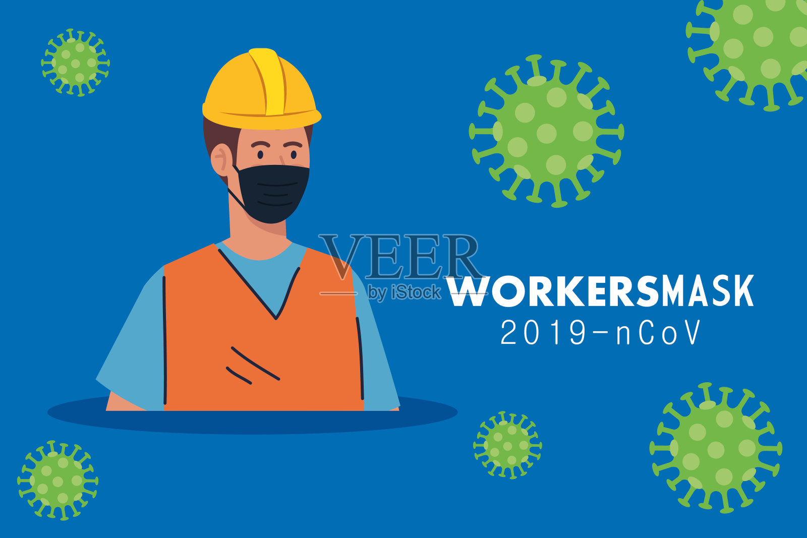 施工工人戴医用口罩抗击新冠肺炎19插画图片素材