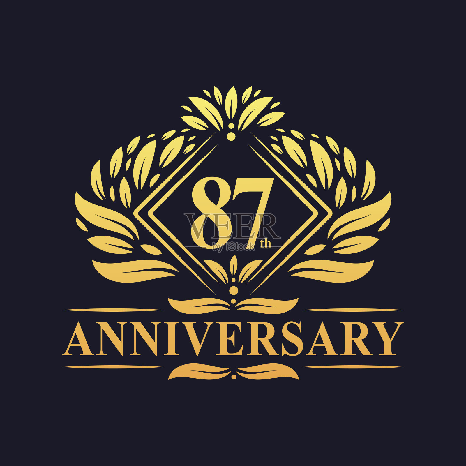 87周年标志，豪华花金色87周年标志。插画图片素材