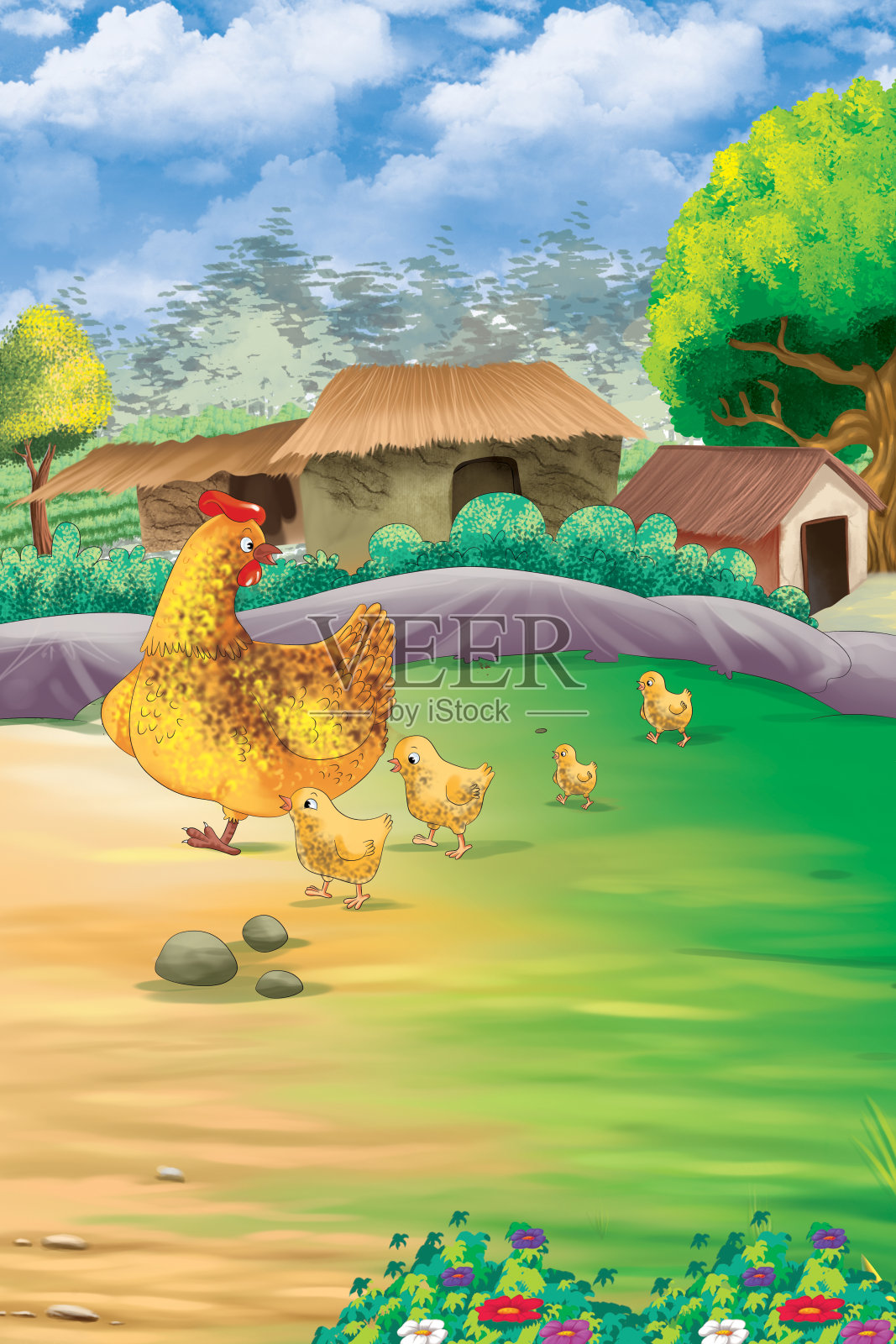 小鸡和母鸡站立插画图片素材