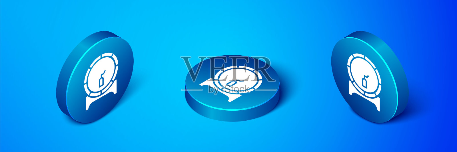 等距木桶架上的旋塞图标隔离在蓝色背景。蓝色圆按钮。矢量图图标素材