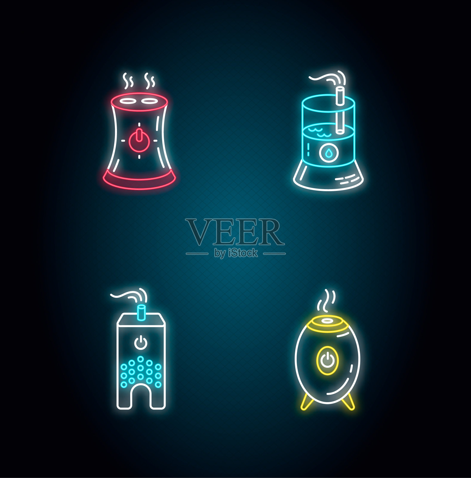 水蒸发器霓虹灯图标组。空气加湿器，气候控制家用电器，湿度调节器。具有外部发光效果的符号。矢量隔离RGB彩色插图图标素材