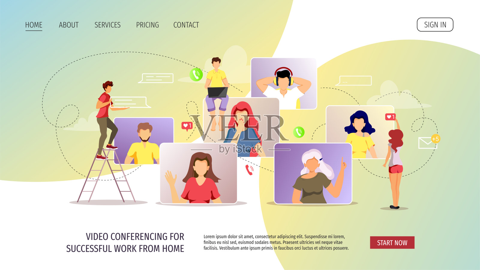 视频会议，在线会议，在家工作，远程学习，交流的网站。一群人在网上聊天。插画图片素材