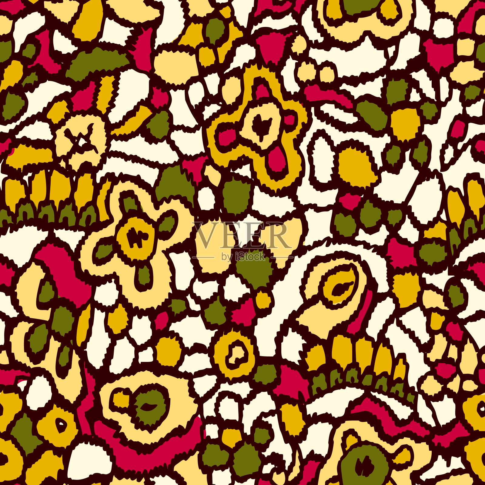 花边编织纹理。彩色玻璃窗装饰。几何无缝图案与花卉形状和植物元素。复古窗饰风格的印花设计。适用于布料、纺织品、墙纸等。插画图片素材