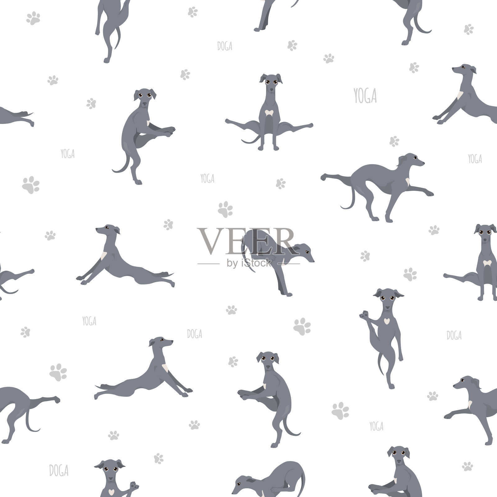 瑜伽狗的姿势和练习无缝图案设计。意大利灵缇犬剪纸艺术插画图片素材