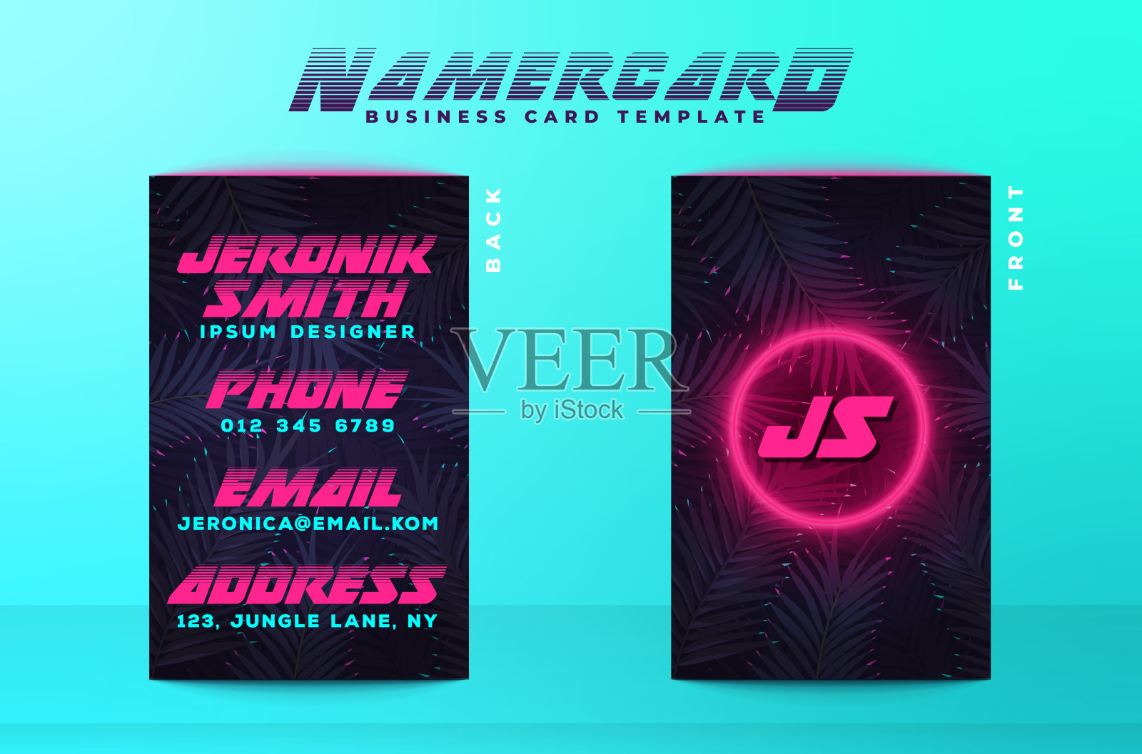 未来的脏粉霓虹名片或名片模板在赛思波赛博朋克风格丛林背景设计模板素材