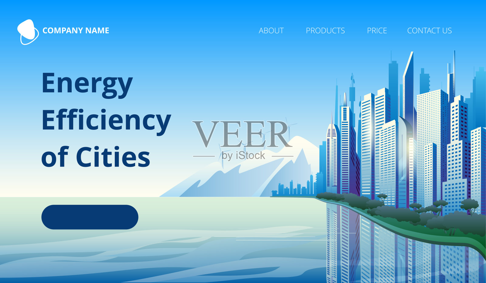 沿海的现代城市，以群山为背景，有风力涡轮机。设计模板素材