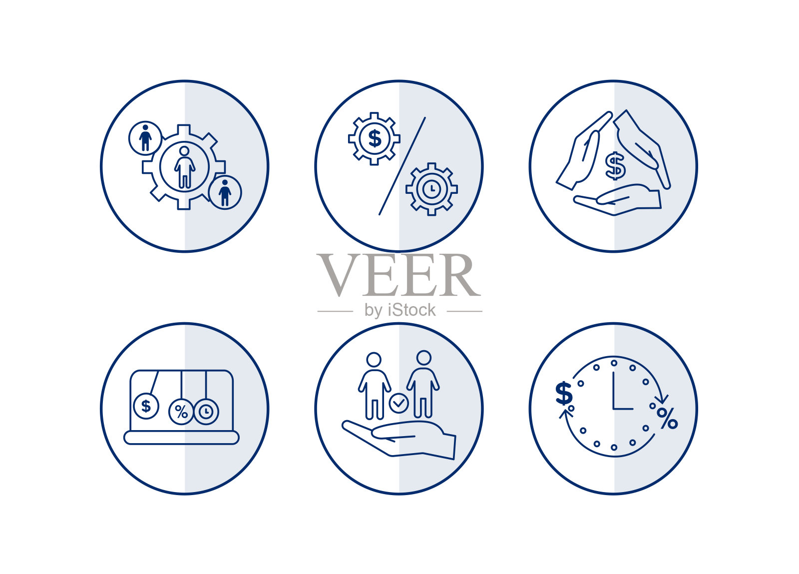 金融图标。金融服务图标集。图标借贷，金融中介。齿轮标志，内侧剪影，侧面剪影呈圆圈图标素材