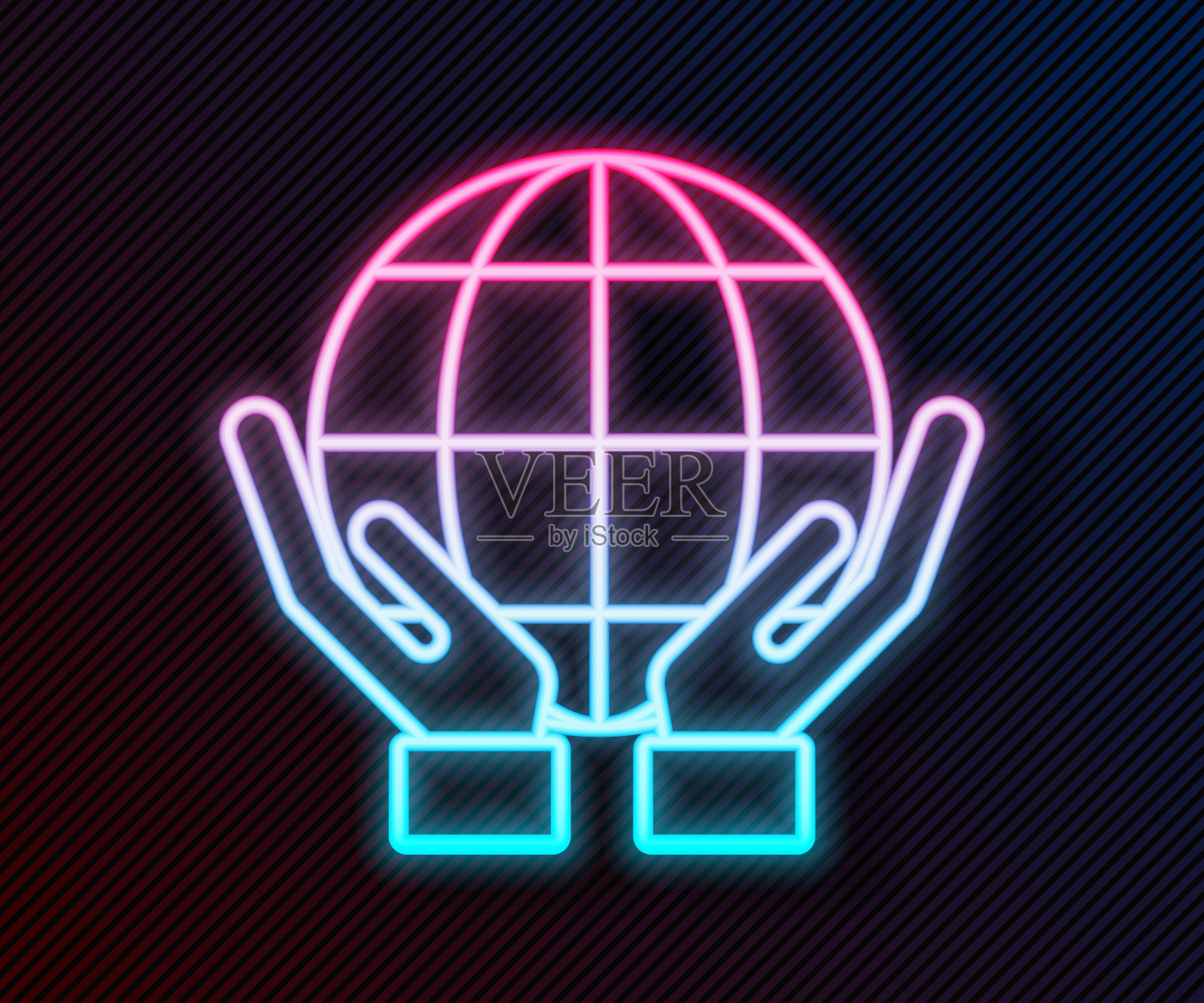 发光的霓虹灯线人类的手握地球图标孤立在黑色的背景。拯救地球的概念。矢量图插画图片素材