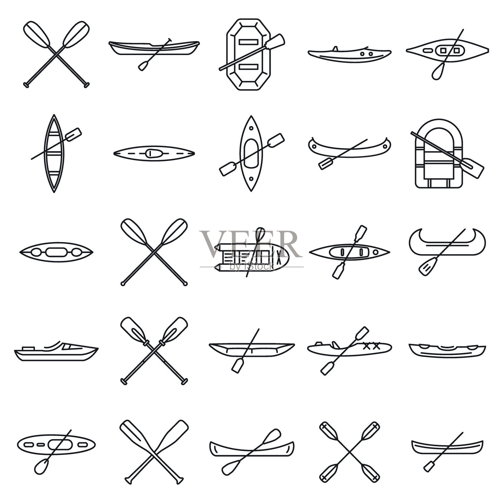 极限皮划艇图标设置，轮廓风格图标素材