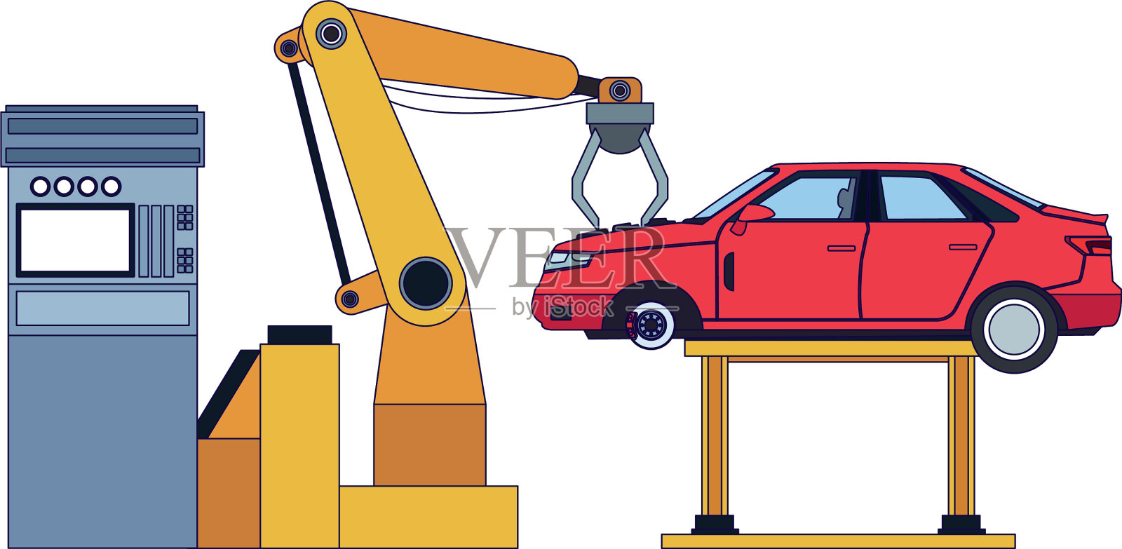 手持汽车图标的机械手臂插画图片素材