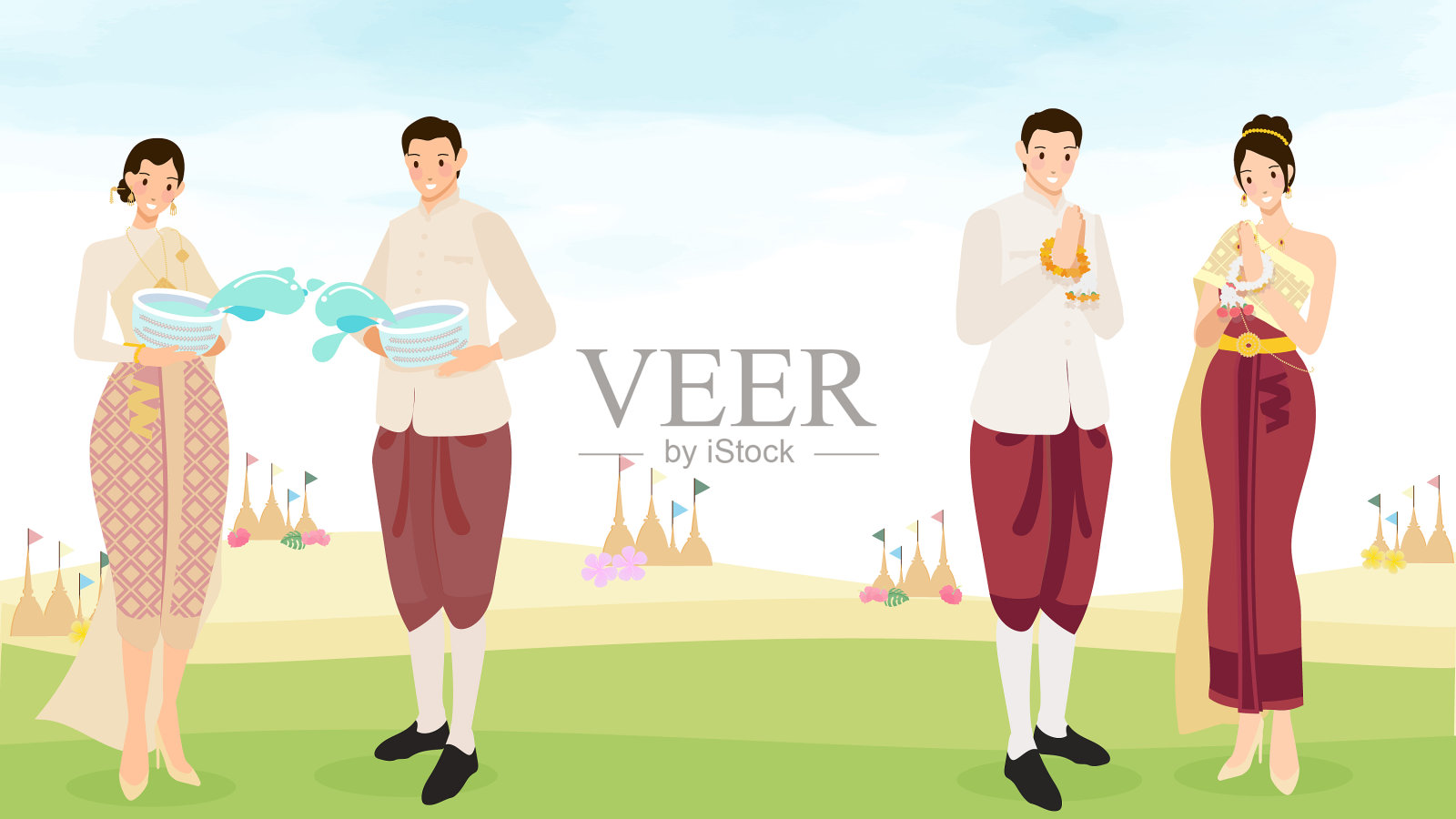 快乐的泰国夫妇享受泼水节插画图片素材