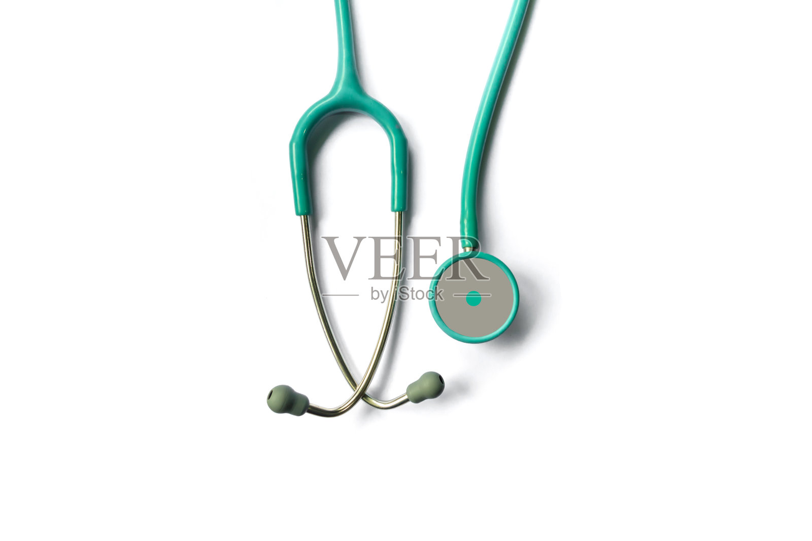 白色背景上隔离的绿色医用听诊器。听诊器是一种用于听诊或听动物或人体内部声音的声学医疗设备。照片摄影图片