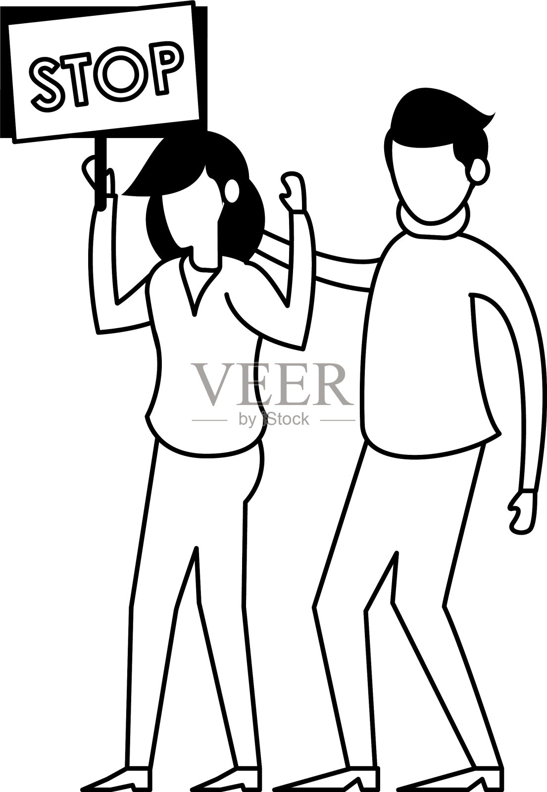 一对年轻夫妇用“停止标签”字符抗议插画图片素材