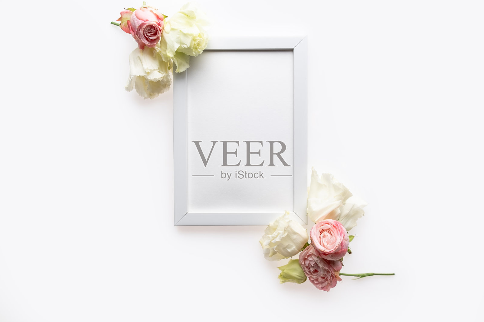 美丽的花朵组成。空白的文本框架，白色的花在白色的背景。情人节，复活节，生日，妇女节快乐，母亲节。平铺，俯视图，拷贝空间照片摄影图片