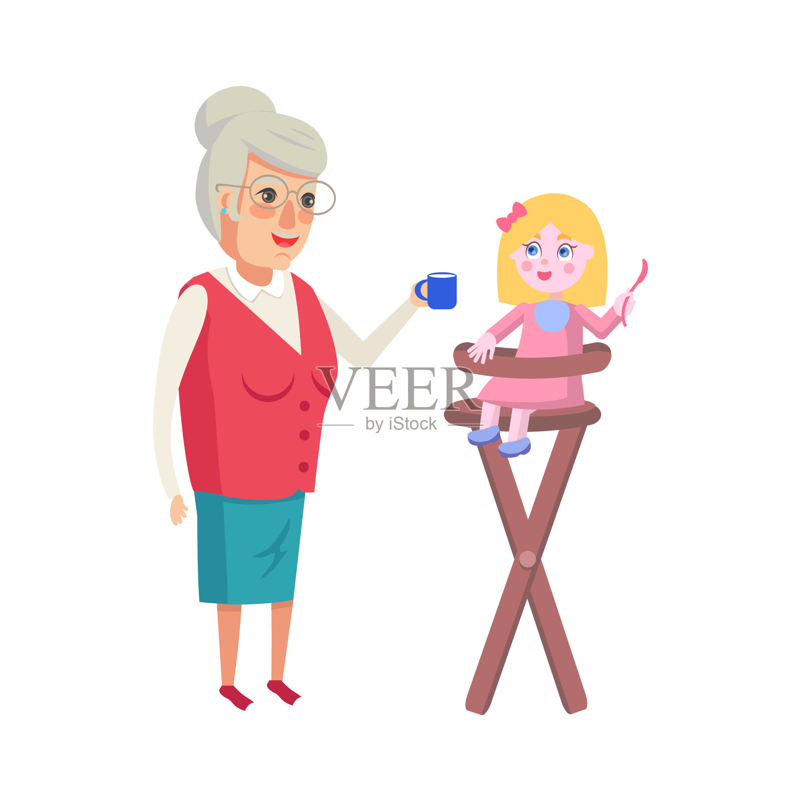 奶奶在高椅上喂孙女插画图片素材