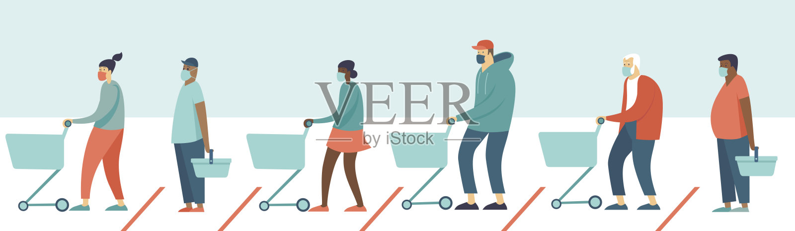 超市里排队。人们推着购物车，戴着医用防护口罩，保持安全距离。隔离新型冠状病毒2019-nCoV在商店社交距离疫情预防措施。设计元素图片