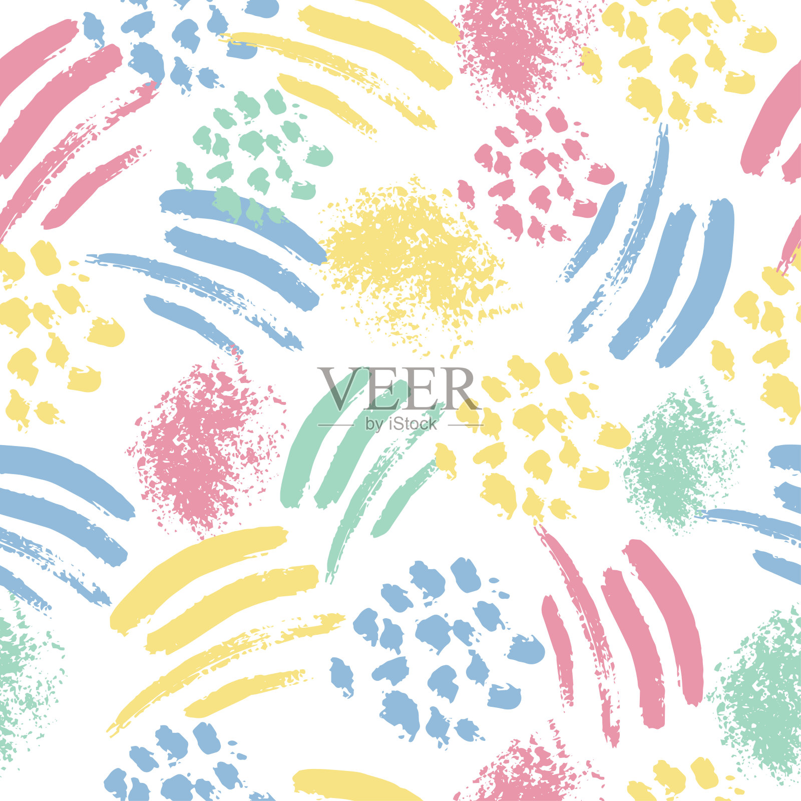 无缝图案与抽象的彩色形状上的白色背景。斑点、条纹。可用于纺织品、纸张等表面的装饰。插画图片素材