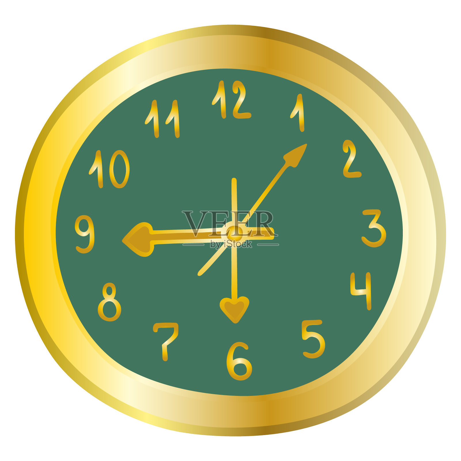 挂钟机械。黄金。颜色向量插图。数字和箭头。房间设计元素在一个孤立的白色背景。卡通风格。小时,分,秒。时间管理。插画图片素材