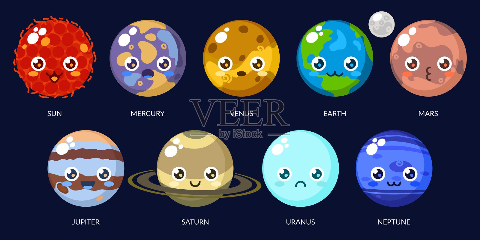不同面孔的滑稽卡哇伊行星太阳系与可爱的卡通行星儿童有趣宇宙太阳