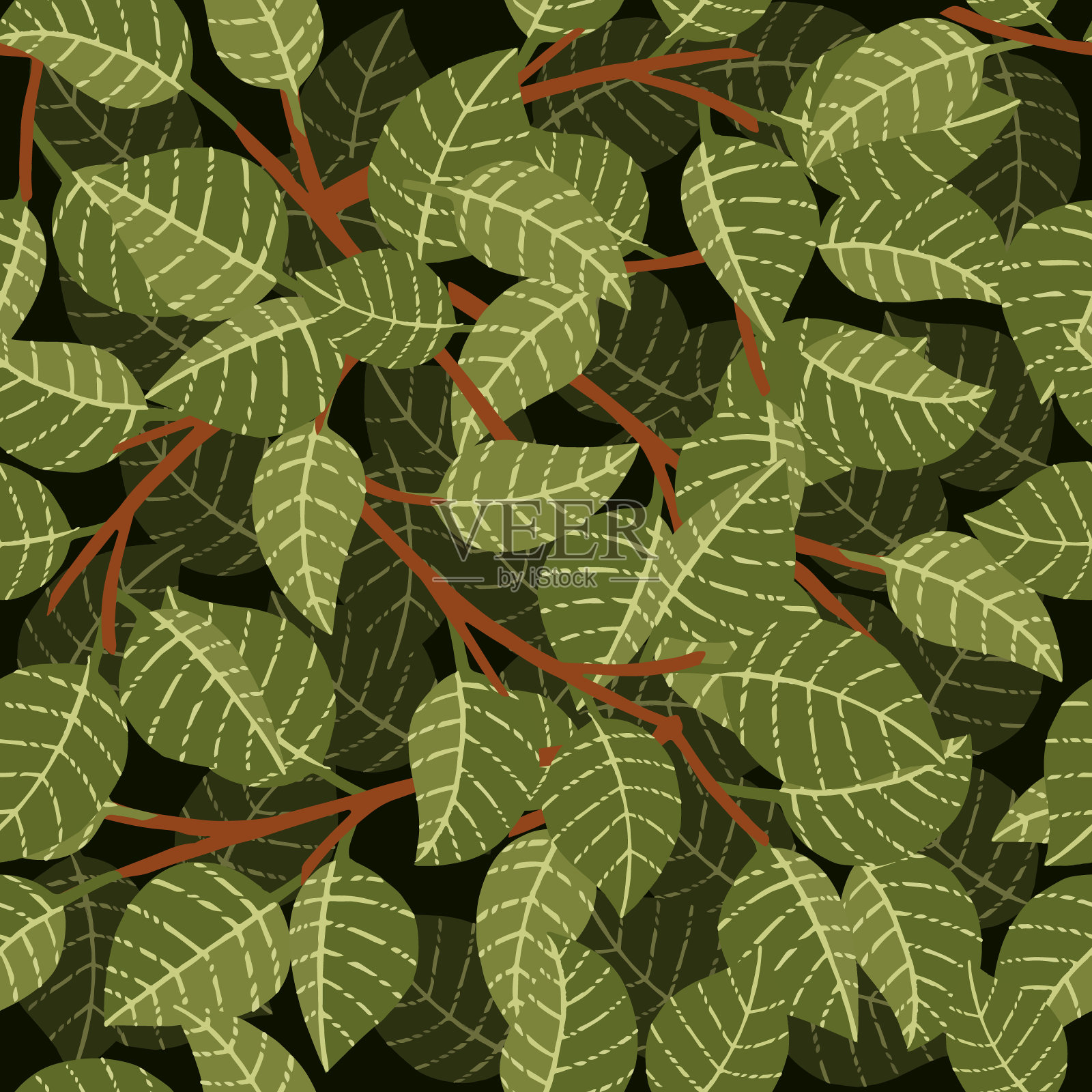 绿色树叶在树枝上的无缝模式平面矢量插图上的黑色背景插画图片素材