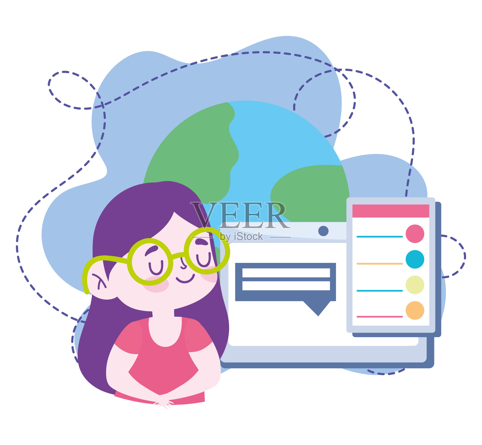 网上教育，女生电脑聊天信息，网站和手机培训课程插画图片素材