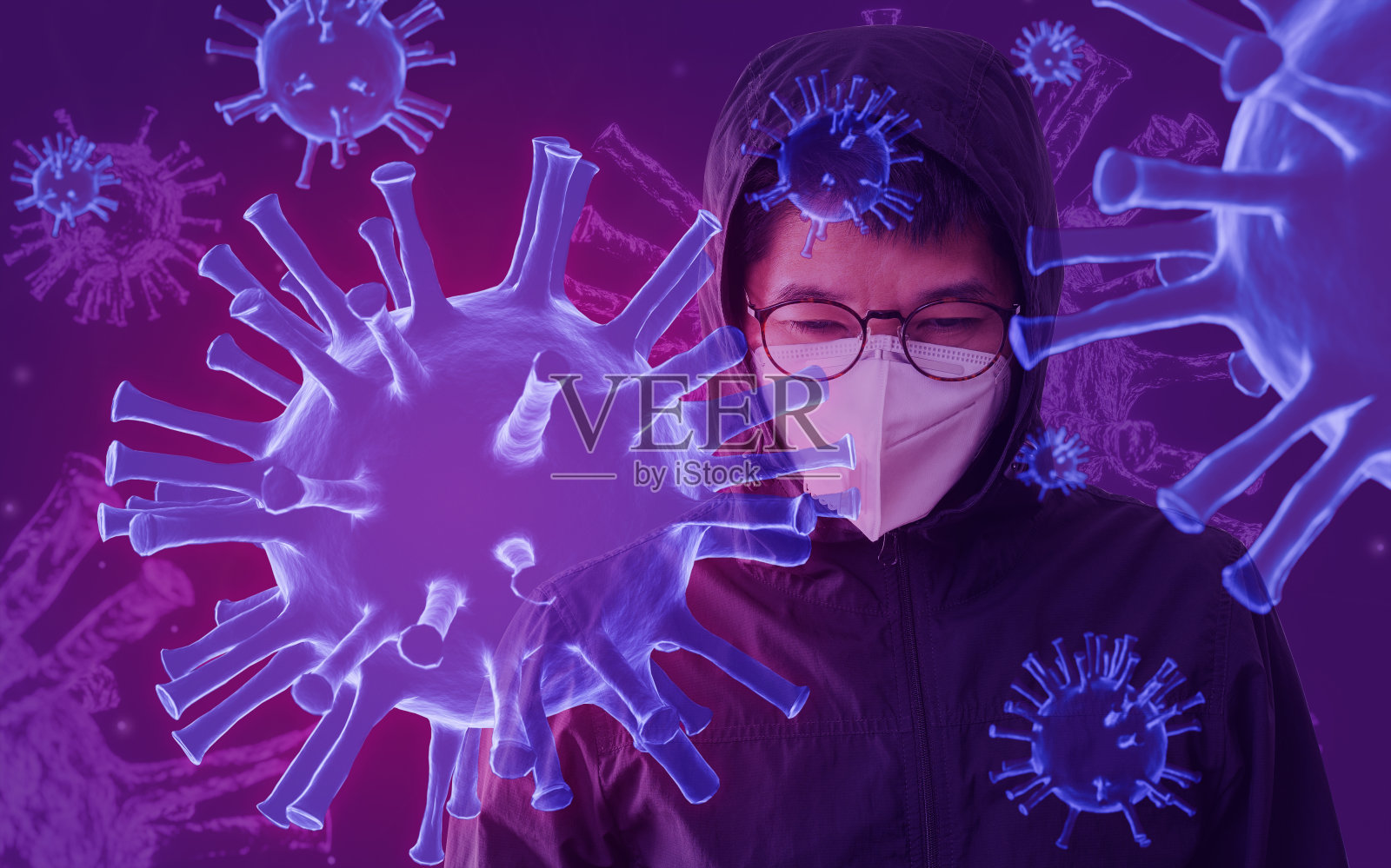 戴口罩的人双重暴露预防流感与冠状病毒模型三维渲染。新型冠状病毒肺炎照片摄影图片