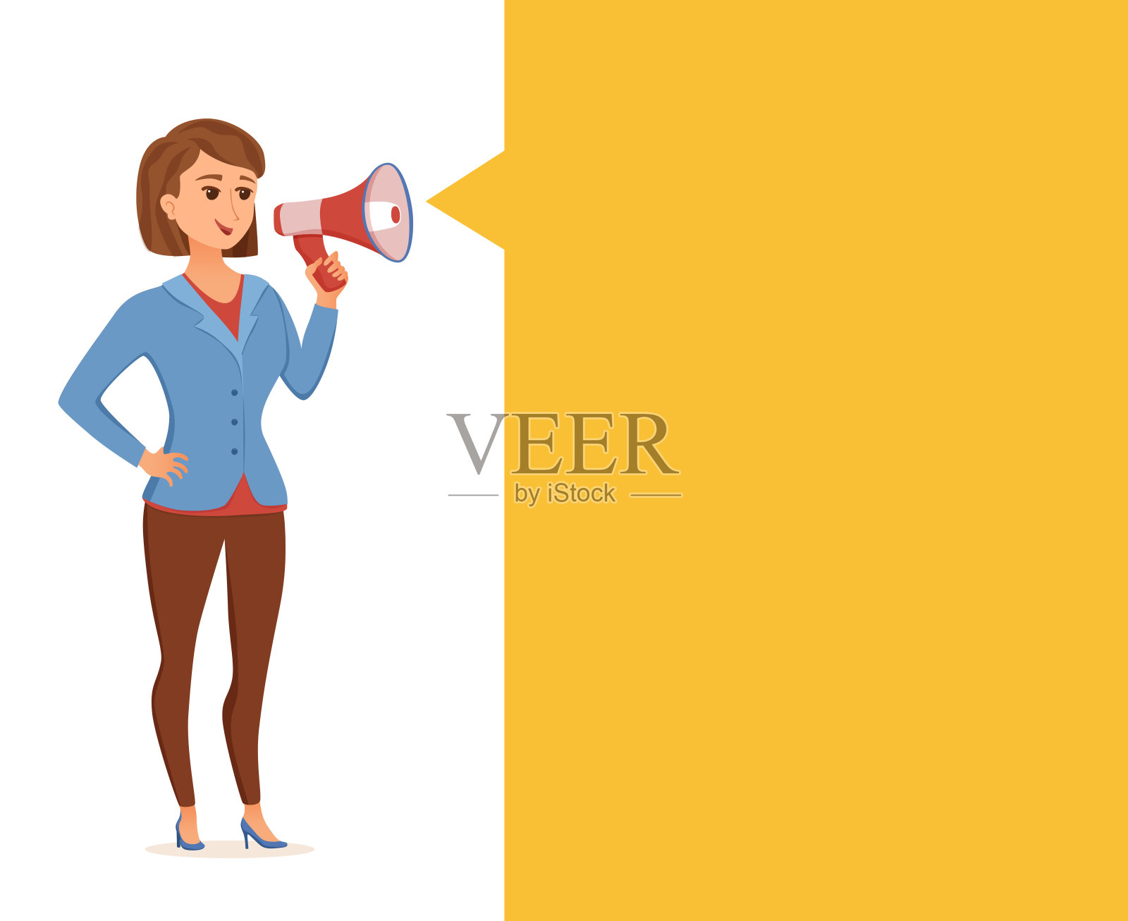 女人拿着扩音器叫大家注意矢量卡通插图。插画图片素材