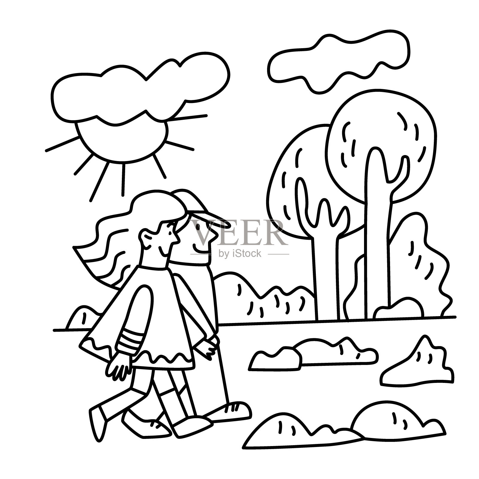 情侣在公园散步插画图片素材