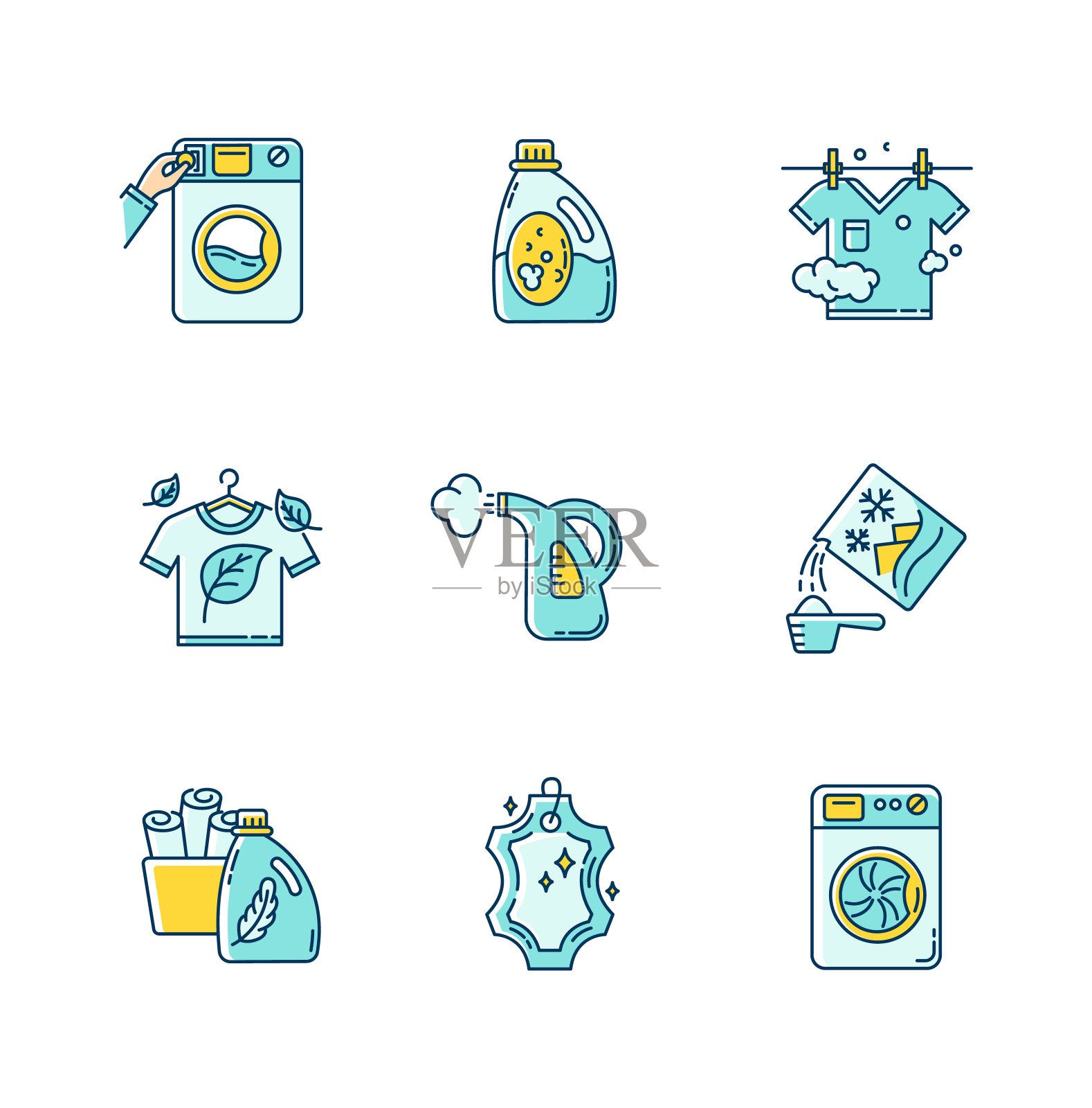 洗衣类型蓝色和黄色RGB颜色图标设置。硬币洗涤服务，洗衣机，蒸汽和生态干洗。洗衣粉和织物护理剂。孤立的矢量插图图标素材