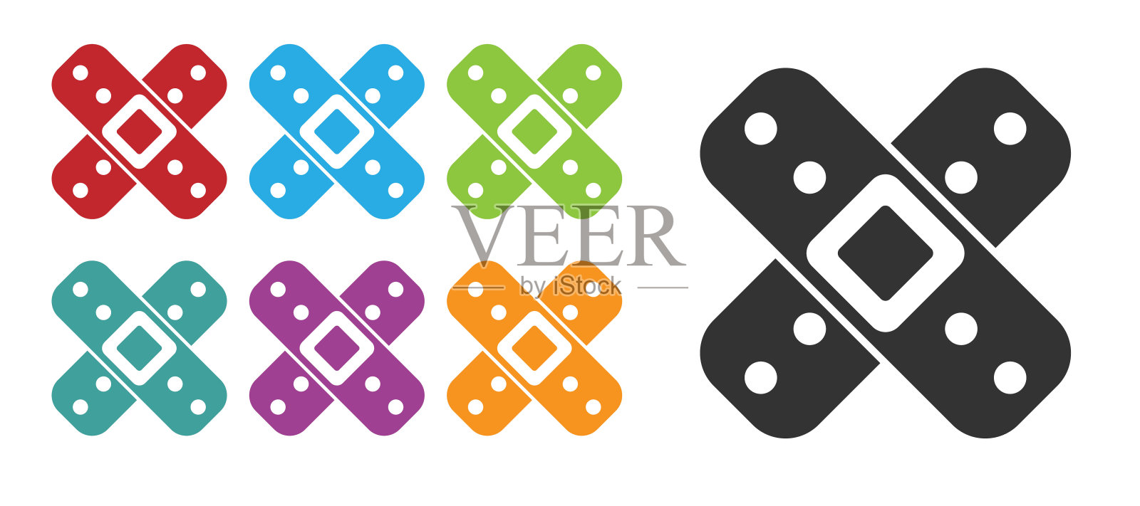 黑色交叉绷带石膏图标孤立的白色背景。医用石膏、胶粘绷带、弹性织物绷带。设置图标丰富多彩。矢量图插画图片素材