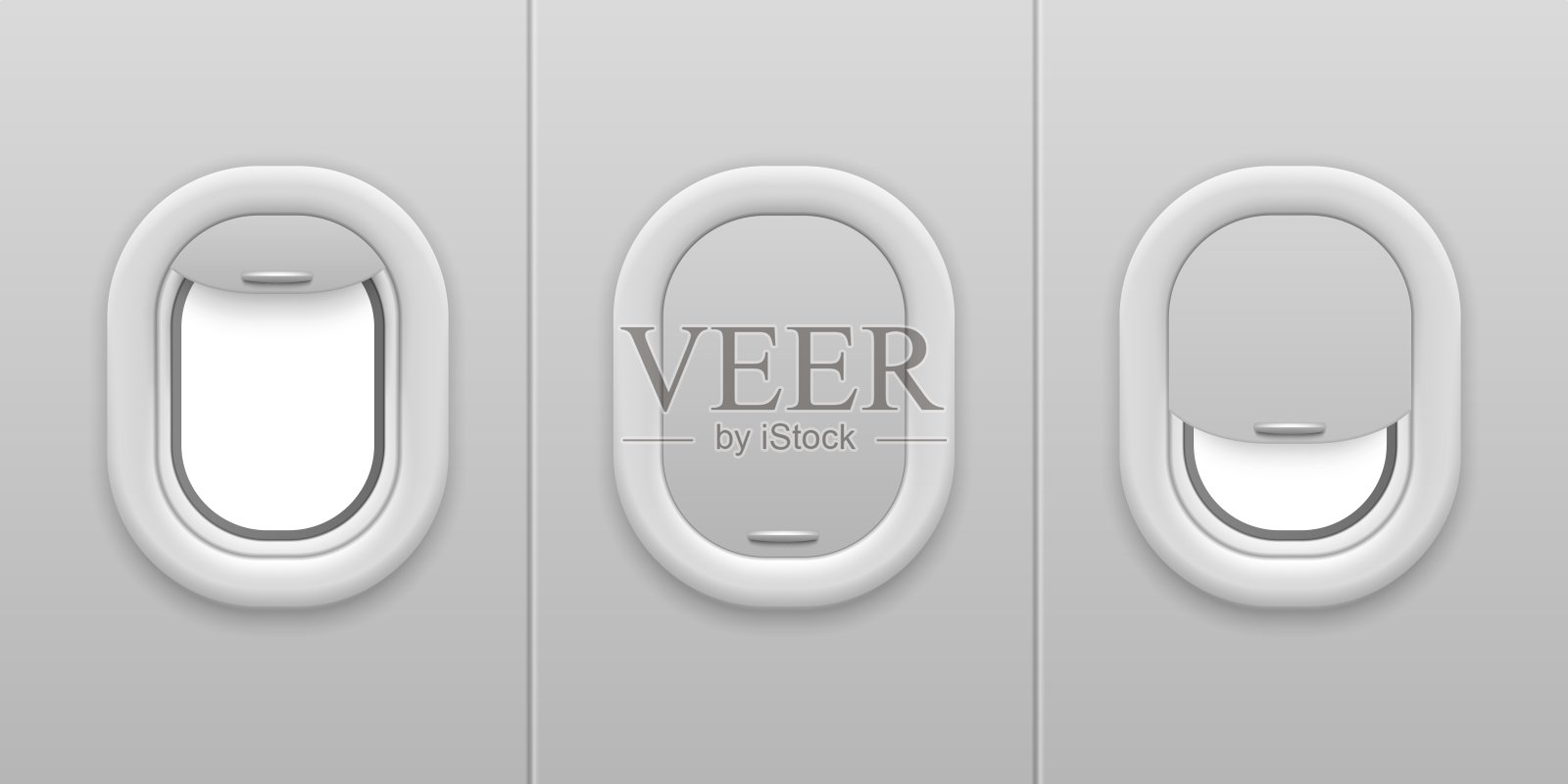 飞机的窗户。飞机照明器。打开和关闭，塑料和玻璃平面窗户，航空矢量概念的现实模型设计元素图片