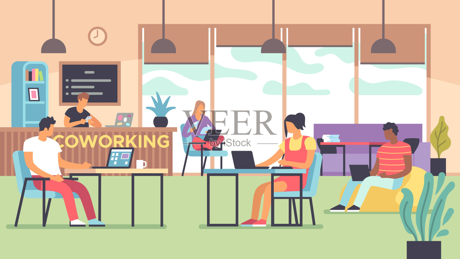 共同办公。人们在电脑前聊天和工作，在开放的空间办公，跨国员工，员工一起平向量概念插画图片素材