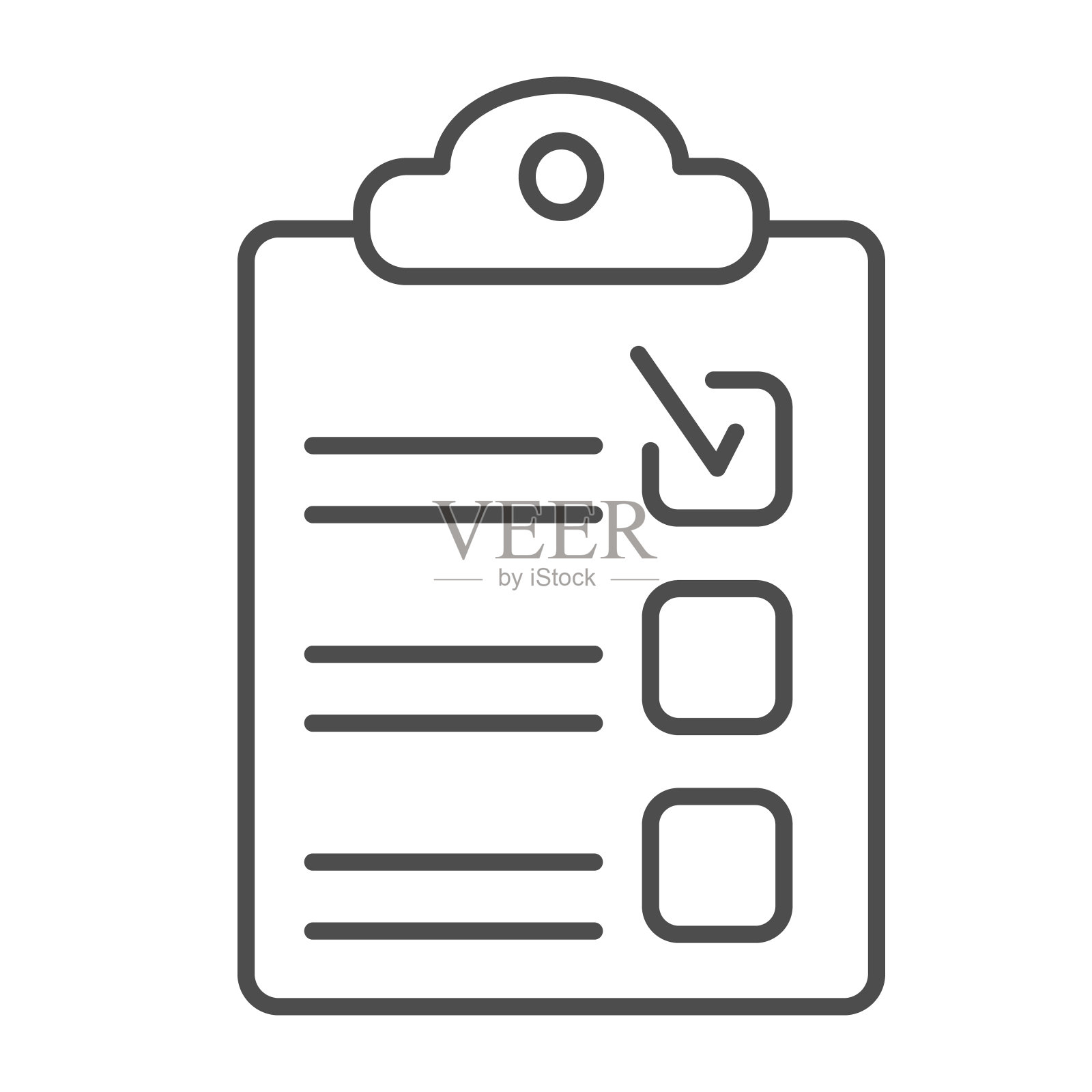 清单细线图标，业务概念，剪贴板标志的白色背景，剪贴板笔记与tick图标轮廓风格的移动概念和网页设计。矢量图形。插画图片素材