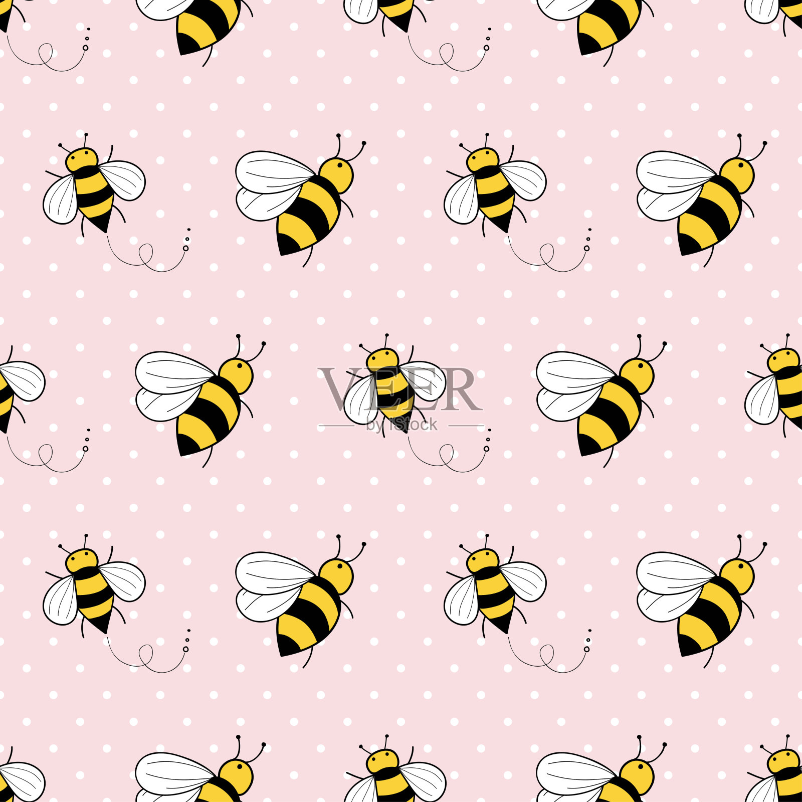 可爱的蜜蜂无缝图案上的粉红色圆点背景插画图片素材