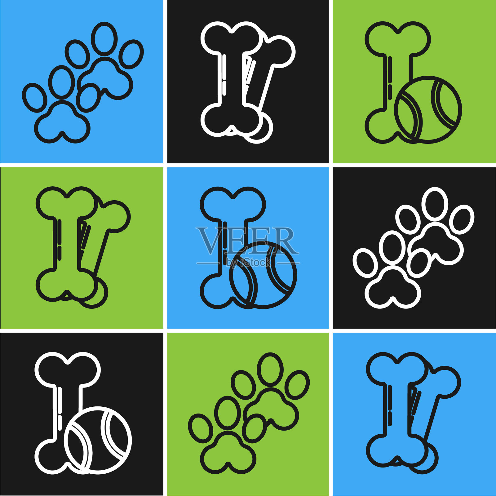 设线爪印宠物玩具、骨胶和球插画图片素材