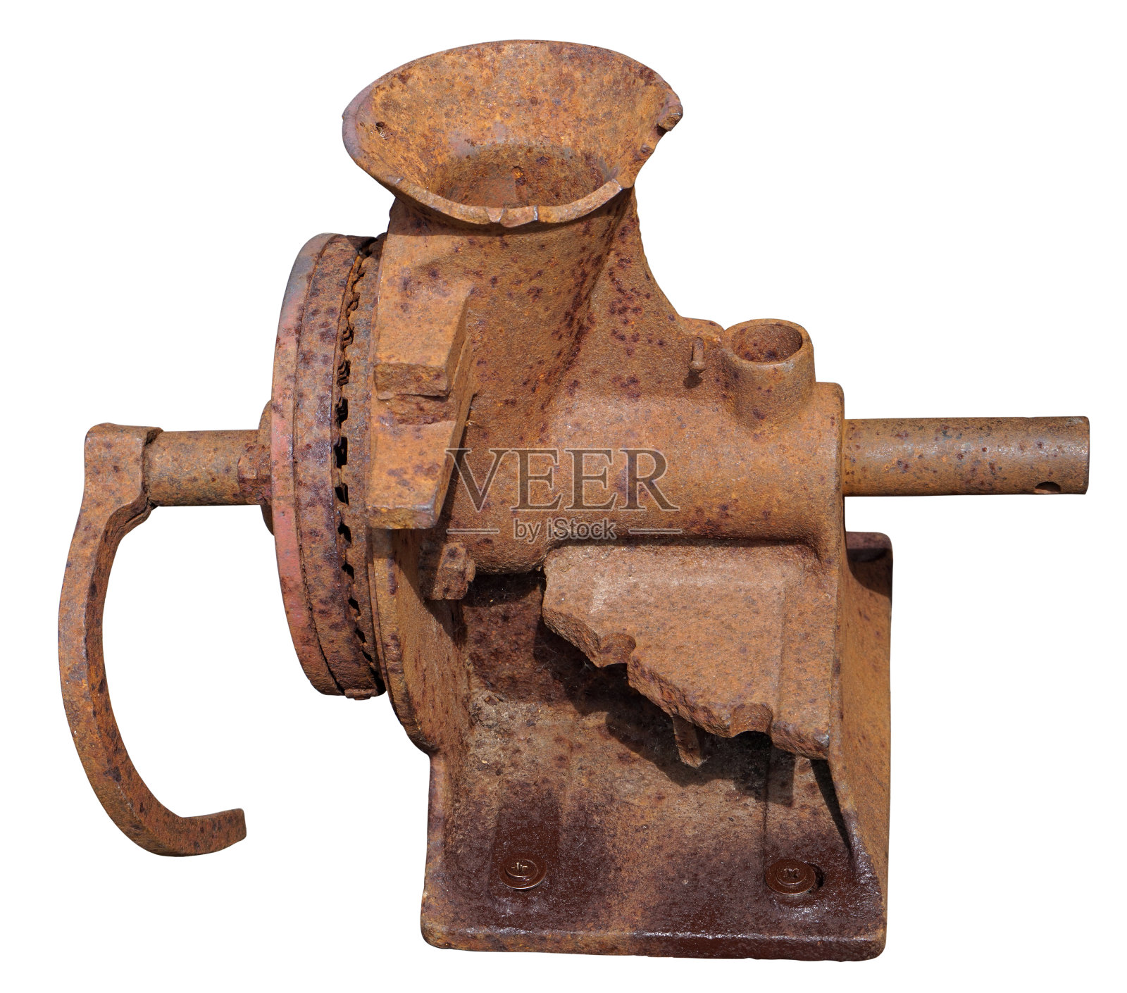 陈旧生锈的手工研磨机，用于分离咖啡豆和谷物照片摄影图片
