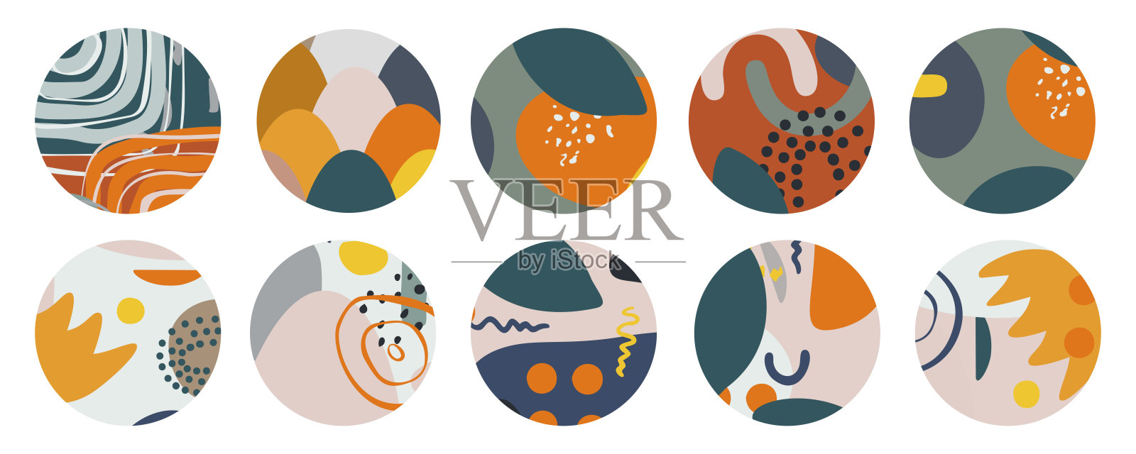 为Instagram设置各种抽象的突出封面故事。社交媒体的圆形图标。手绘的点，线，图案，点，几何形状和对象。插画图片素材