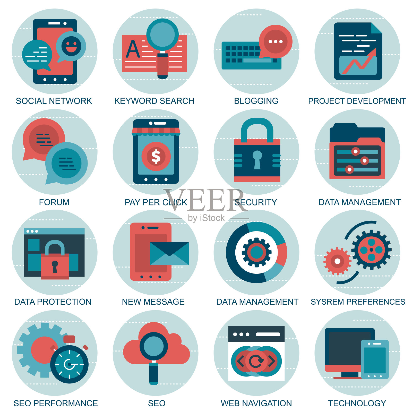 为移动概念和网页应用设置矢量图标。商业和营销，编程，数据管理，互联网连接，社交网络，计算，信息。向量图标素材