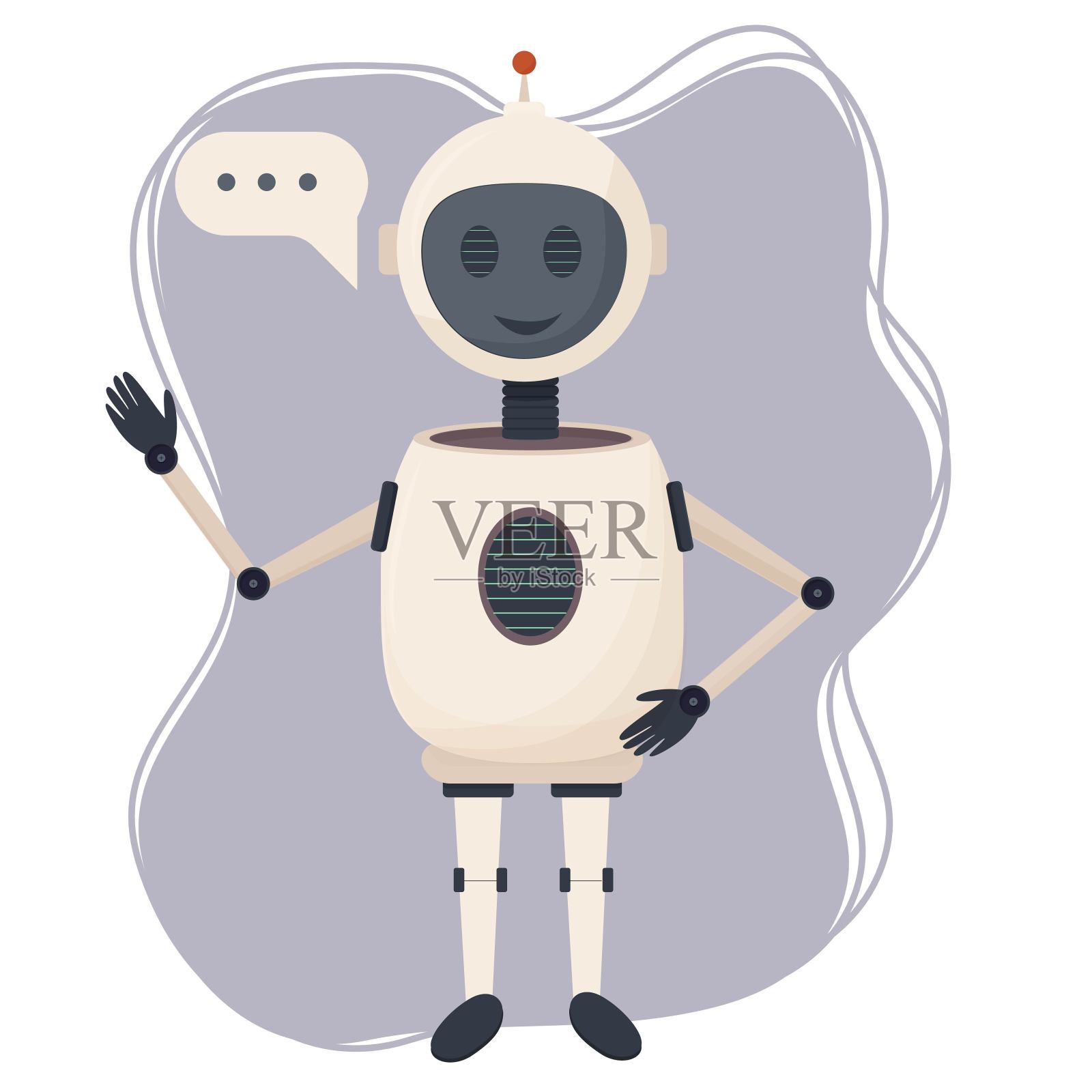 积极的角色聊天机器人，机器人孤立地站在白色背景股票矢量插图。通讯助手，带泡泡的智能机器。插画图片素材