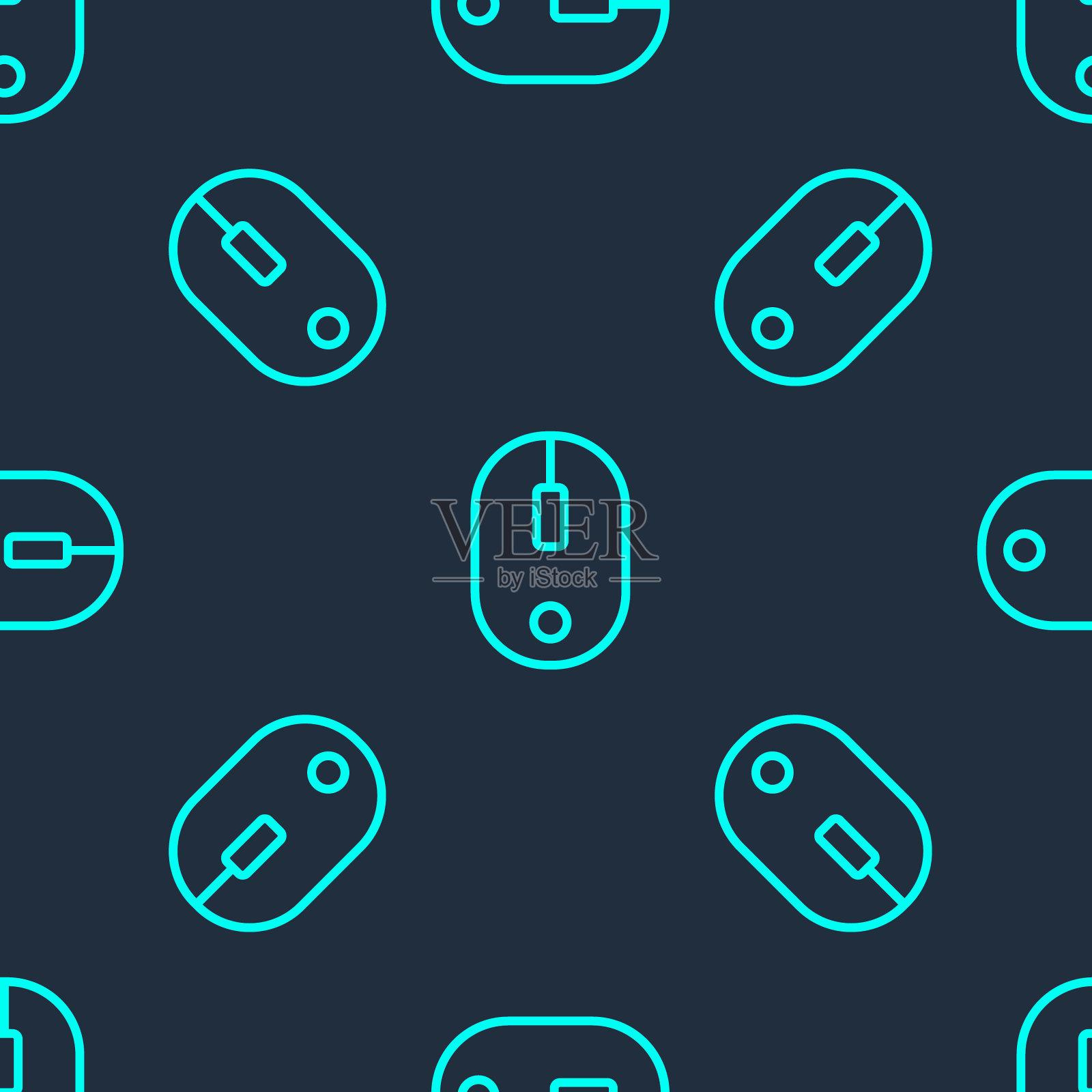 绿色线计算机鼠标图标隔离无缝模式在蓝色背景。光学与车轮符号。矢量图插画图片素材