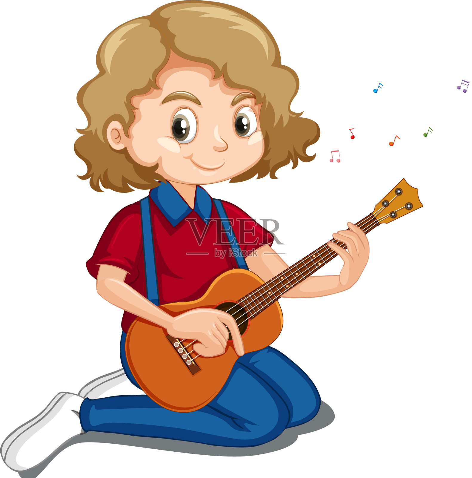 可爱的女孩在白色的背景上弹奏尤克里里设计元素图片