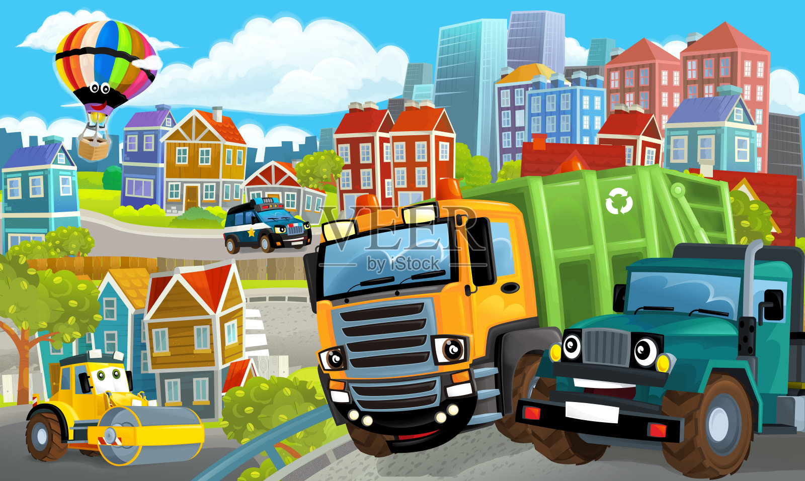 卡通的快乐和有趣的场景与一个城市的中心与自卸卡车和汽车驾驶-插图插画图片素材