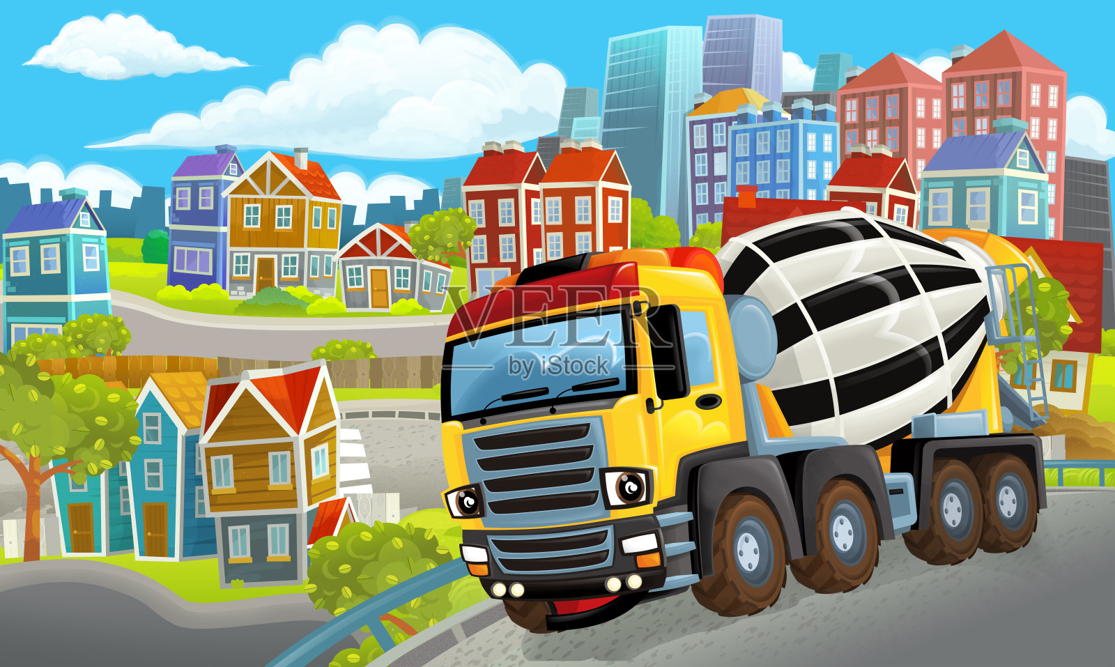 卡通的快乐和有趣的场景与混凝土搅拌机和汽车驾驶的城市-插图插画图片素材