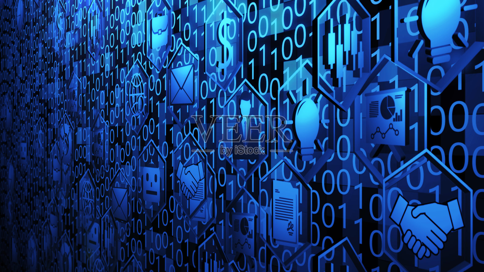 8K 3D商业和技术图标旋转在六边形边框和悬停在随机二进制代码背景与蓝色照明版本3插画图片素材