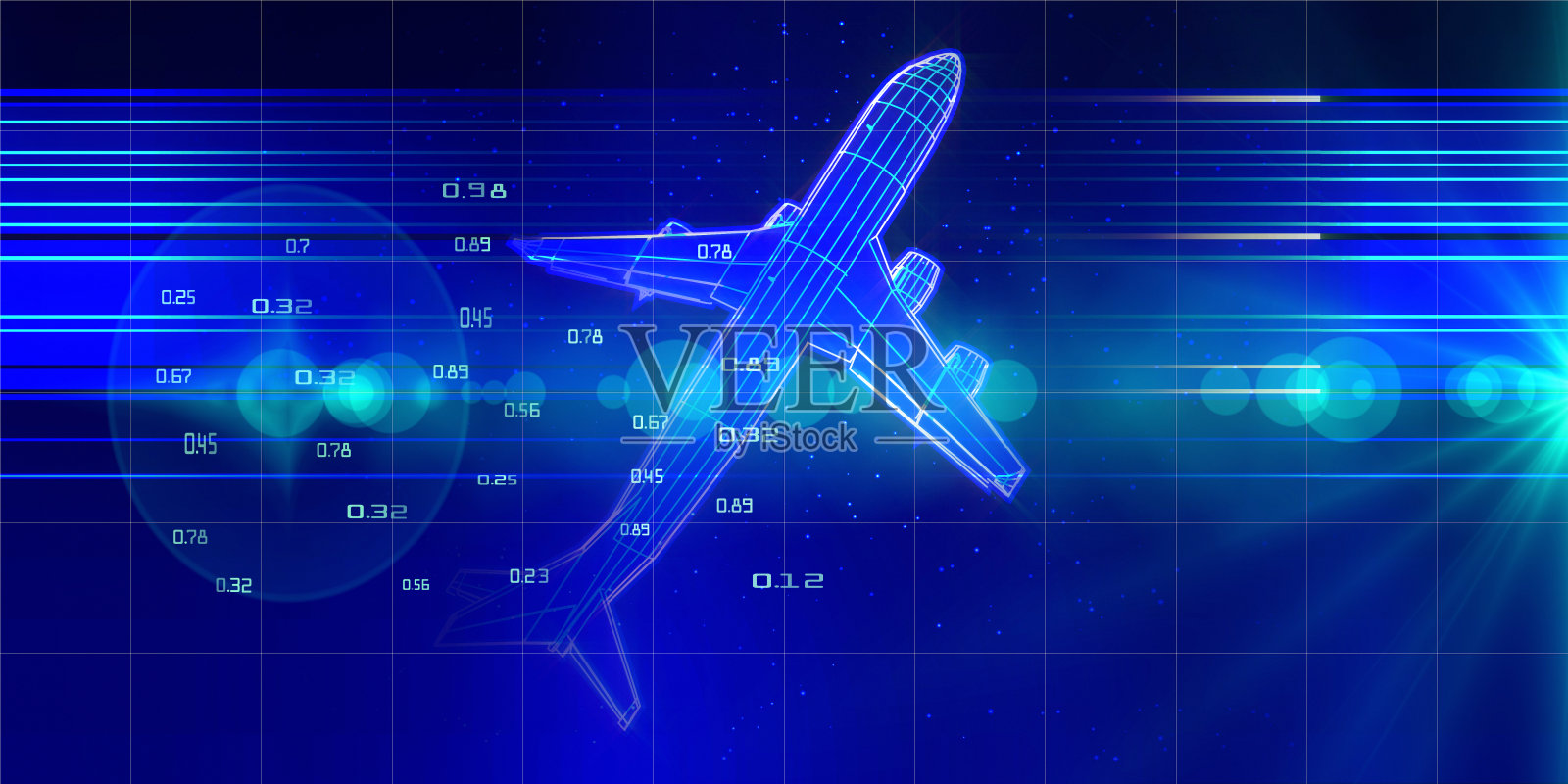 大数据。抽象背景与数字网格飞机网格和模糊线在深蓝色。3d线框平面工程概念与镜头效果。旅游、旅游、交通横幅。插画图片素材