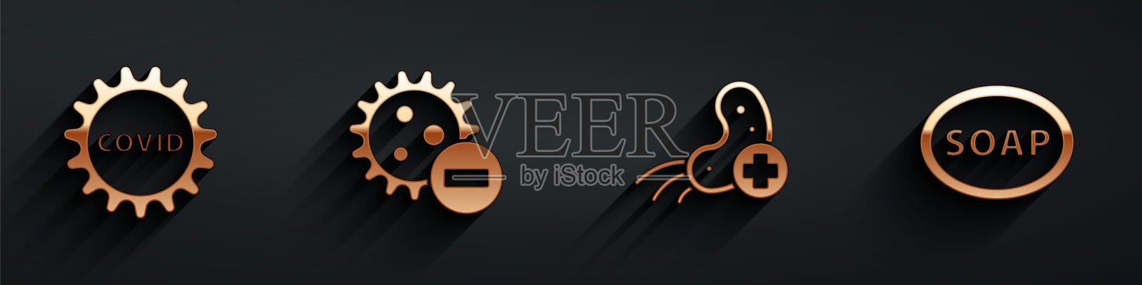 设置冠状病毒covid-19、阴性病毒、阳性病毒和长阴影肥皂图标条。向量图标素材