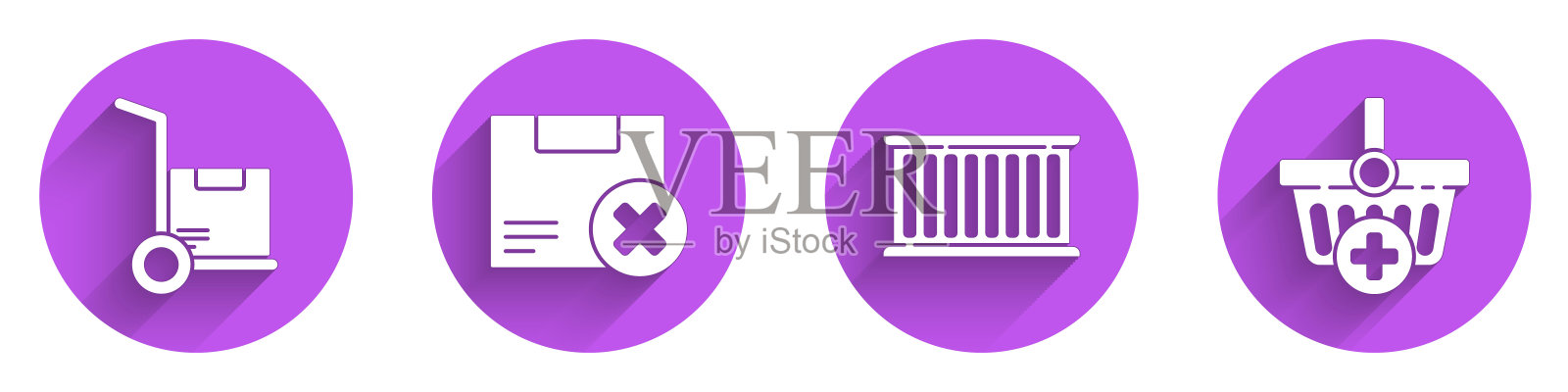 设置手卡车和箱子，纸板箱和删除，集装箱和添加到购物车的长阴影图标。向量图标素材