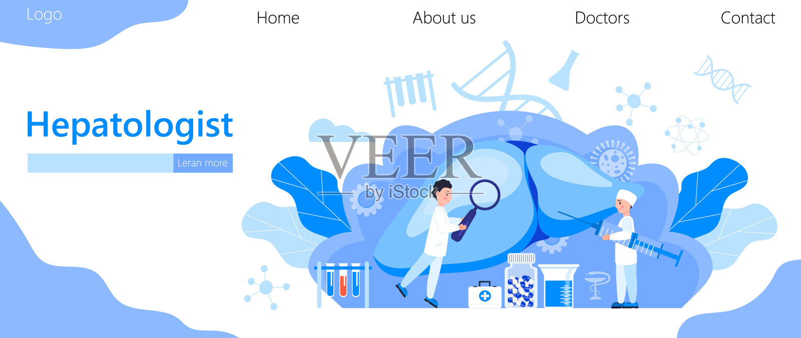 肝病学家概念矢量医疗着陆页。甲型、乙型、丙型、丙型肝炎，肝硬化插图和世界肝炎日。小医生治疗肝脏。肝病专家正在工作。插画图片素材