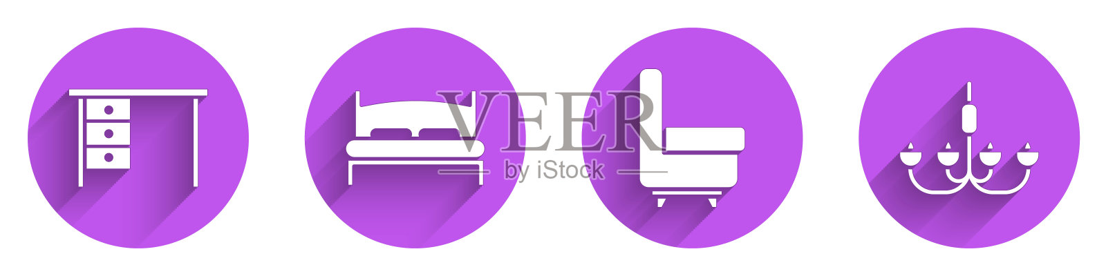 设置办公桌，大床，扶手椅和吊灯与长影子图标。向量插画图片素材